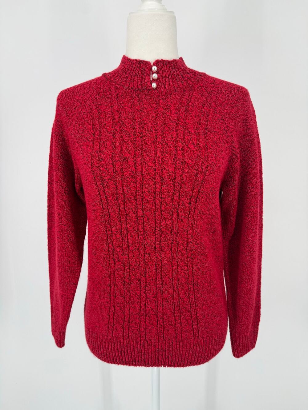 Karen Scott Petites Red Black Marled Cable Knit Pearl Mock Neck Sweater P/S